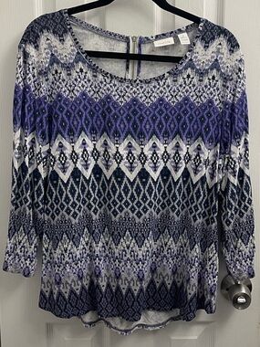 Chico's Purple, Navy & White Geometric Knit Top